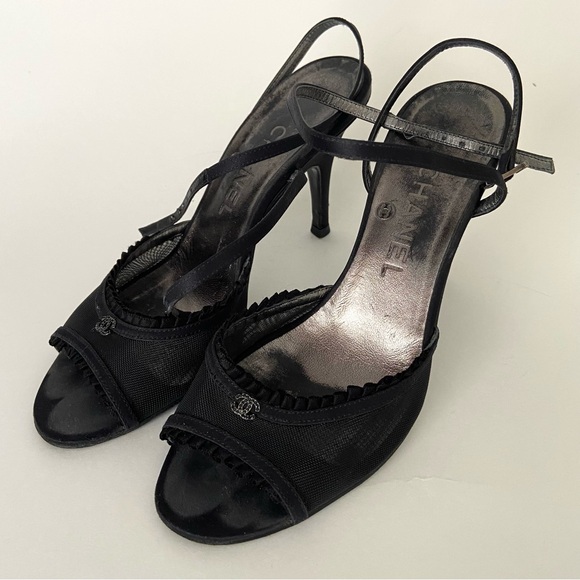 Chanel Black Mesh And Satin CC Open Toe Ankle Strap Heeled Sandals - Picture 1 of 16